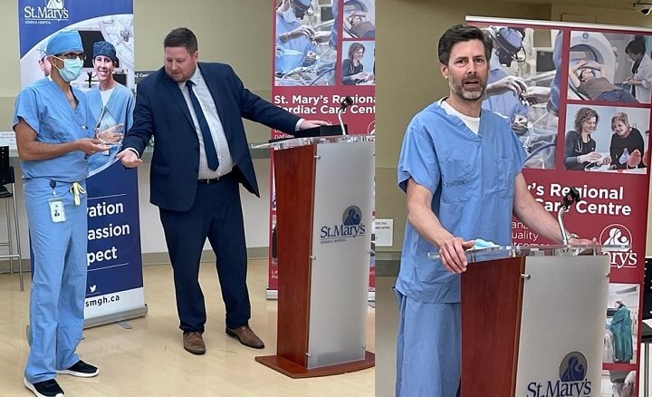 (L) Dr. Umjeet Jolly, Cardiac Electrophysiologist at St. Mary’s General Hospital, receives St, Mary’s recognition